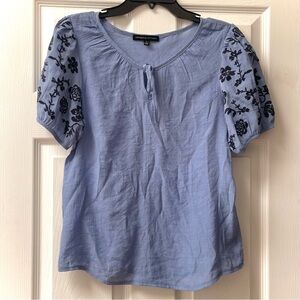 Adrienne Vittadini Light Blue Blouse with Black Floral Sleeves